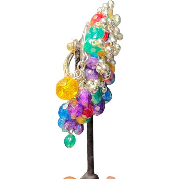 Vintage Rainbow Crystal Cluster Clip On Earrings Statement Beaded Drops - Picture 8 of 10